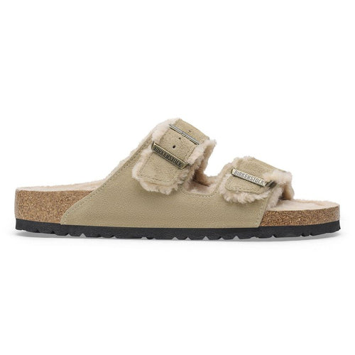 Birkenstock Sandales Arizona Etroite en Fourrure d'Agneau Taupe