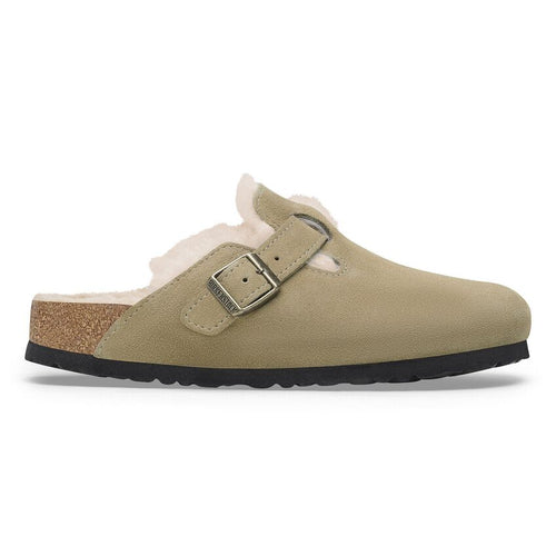 Birkenstock Sandales Boston Etroite en Fourrure d'Agneau Taupe