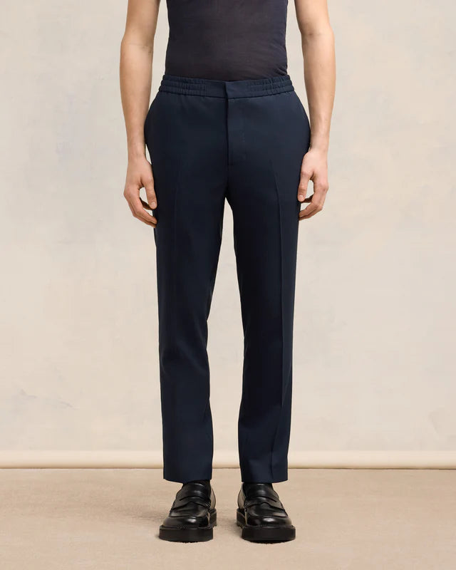 AMI Pantalon Taille Elastiquée en Laine Bleu Marine