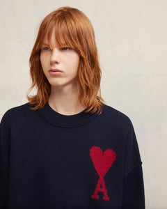 AMI Pull Ami de Coeur Boxy en Laine Bleu Nuit