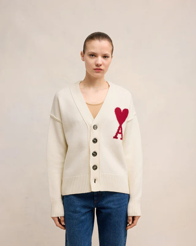 AMI Femme Cardigan Ami de Coeur Boxy en Laine Ecru