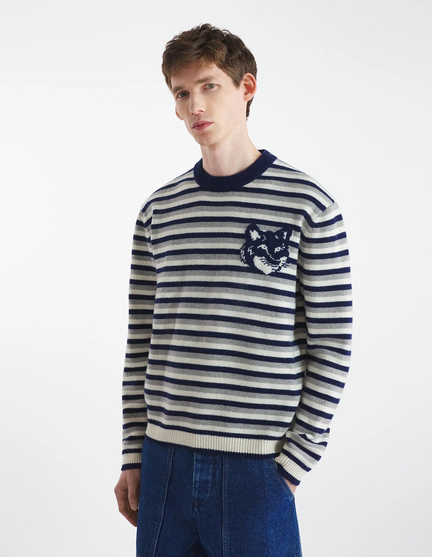 Maison Kitsuné Pull Fox Head Intarsia Striped Navy White